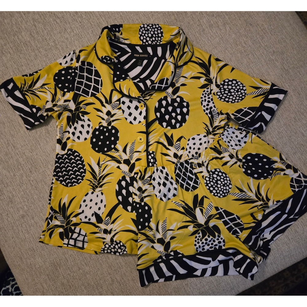 Room Service Pajama Set XS Yellow Pineapple Zebra Print Short Sleeve Shorts PJ